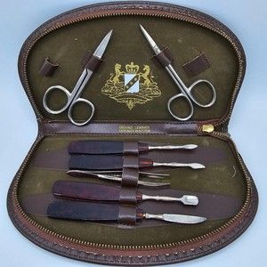 Vintage Nail Grooming Kit Providentiae Memore Coat of Arms Ground Leather Velvet